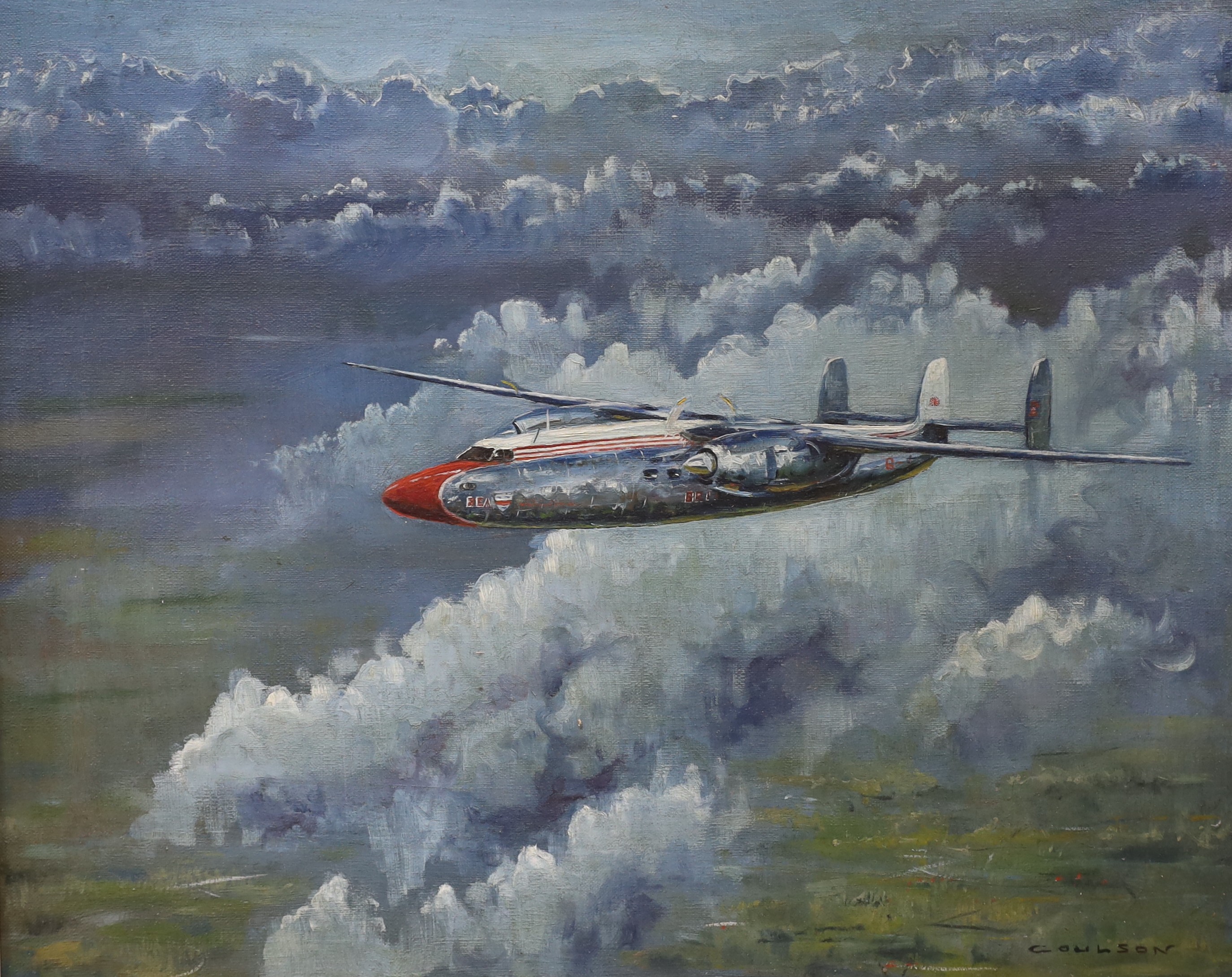 Gerald Coulson (1926-2021), oil on canvas, Air Speed Ambassador in flight, signed, 49 x 59cm
